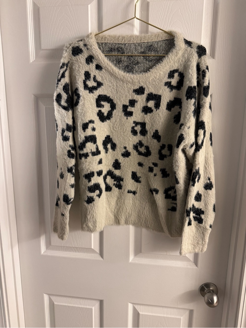 Cream Leopard Print Fuzzy Crewneck Sweater